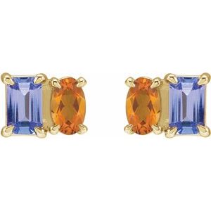 14K Yellow Gold Natural Tanzanite & Natural Citrine Two-Stone Stud Earrings