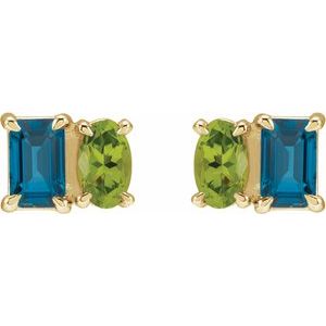 14K Yellow Gold Natural London Blue Topaz & Natural Peridot Two-Stone Stud Earrings – image 2