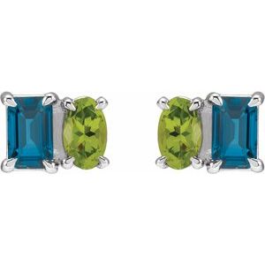 14K White Gold Natural London Blue Topaz & Natural Peridot Two-Stone Stud Earrings – image 2