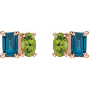 14K Rose Gold Natural London Blue Topaz & Natural Peridot Two-Stone Stud Earrings – image 2