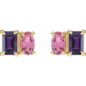 14K Yellow Gold Natural Amethyst & Natural Pink Tourmaline Two-Stone Stud Earrings