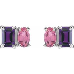 Sterling Silver Natural Amethyst & Natural Pink Tourmaline Two-Stone Stud Earrings – image 2