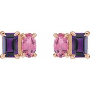 14K Rose Gold Natural Amethyst & Natural Pink Tourmaline Two-Stone Stud Earrings – image 2