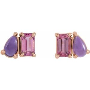 14K Rose Gold Natural Pink Tourmaline & Natural Amethyst Two-Stone Stud Earrings