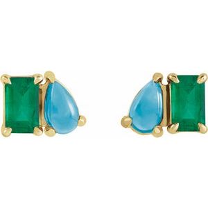 14K Yellow Gold Lab-Grown Emerald & Natural Turquoise Two-Stone Stud Earrings – image 2
