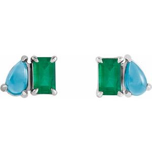 Platinum Lab-Grown Emerald & Natural Turquoise Two-Stone Stud Earrings – image 2