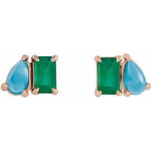 14K Rose Gold Lab-Grown Emerald & Natural Turquoise Two-Stone Stud Earrings – image 2