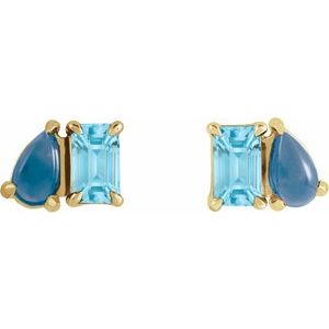 14K Yellow Gold Natural Sky Blue Topaz & Natural London Blue Topaz Two-Stone Stud Earrings
