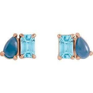 14K Rose Gold Natural Sky Blue Topaz & Natural London Blue Topaz Two-Stone Stud Earrings – image 2
