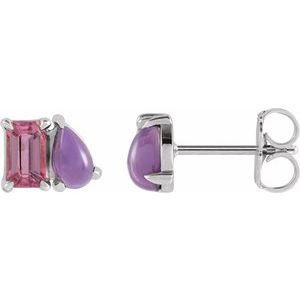 14K White Gold Natural Pink Tourmaline & Natural Amethyst Two-Stone Stud Earrings
