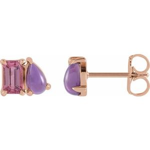 14K Rose Gold Natural Pink Tourmaline & Natural Amethyst Two-Stone Stud Earrings