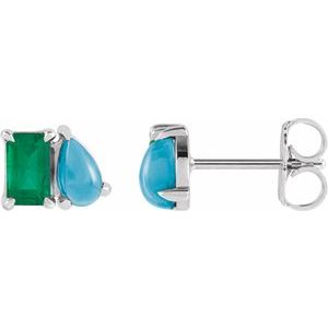 14K White Gold Lab-Grown Emerald & Natural Turquoise Two-Stone Stud Earrings
