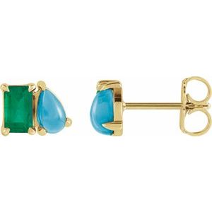 14K Yellow Gold Lab-Grown Emerald & Natural Turquoise Two-Stone Stud Earrings