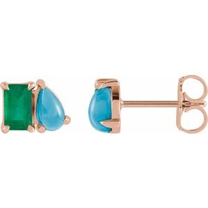 14K Rose Gold Lab-Grown Emerald & Natural Turquoise Two-Stone Stud Earrings