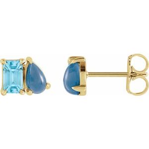 14K Yellow Gold Natural Sky Blue Topaz & Natural London Blue Topaz Two-Stone Stud Earrings