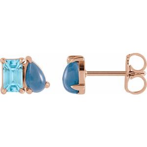 14K Rose Gold Natural Sky Blue Topaz & Natural London Blue Topaz Two-Stone Stud Earrings