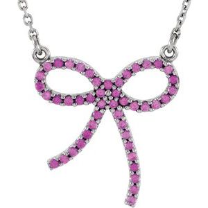14K White Gold Natural Pink Sapphire Bow 16" Necklace