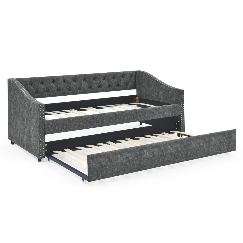 Twin Size Daybed with Twin Size Trundle Upholstered Tufted Sofa Bed, with Button on Back and Copper Nail on Waved Shape Arms, Grey (80.5'x41'x30.5')