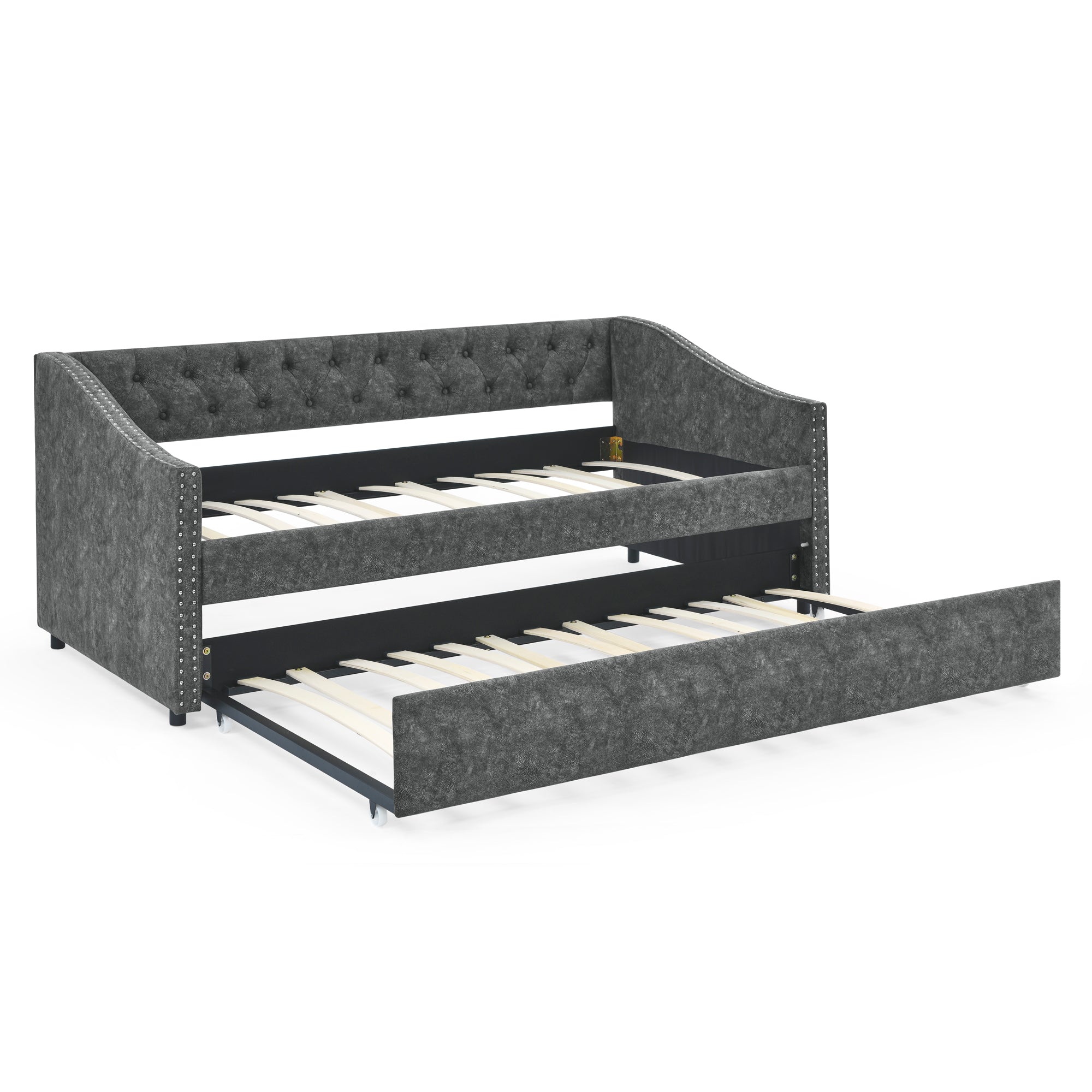 Twin Size Daybed with Twin Size Trundle Upholstered Tufted Sofa Bed, with Button on Back and Copper Nail on Waved Shape Arms, Grey (80.5'x41'x30.5')