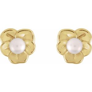 14K Yellow Gold Cultured Seed Pearl Floral Earrings