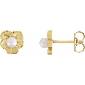 14K Yellow Gold Cultured Seed Pearl Floral Earrings