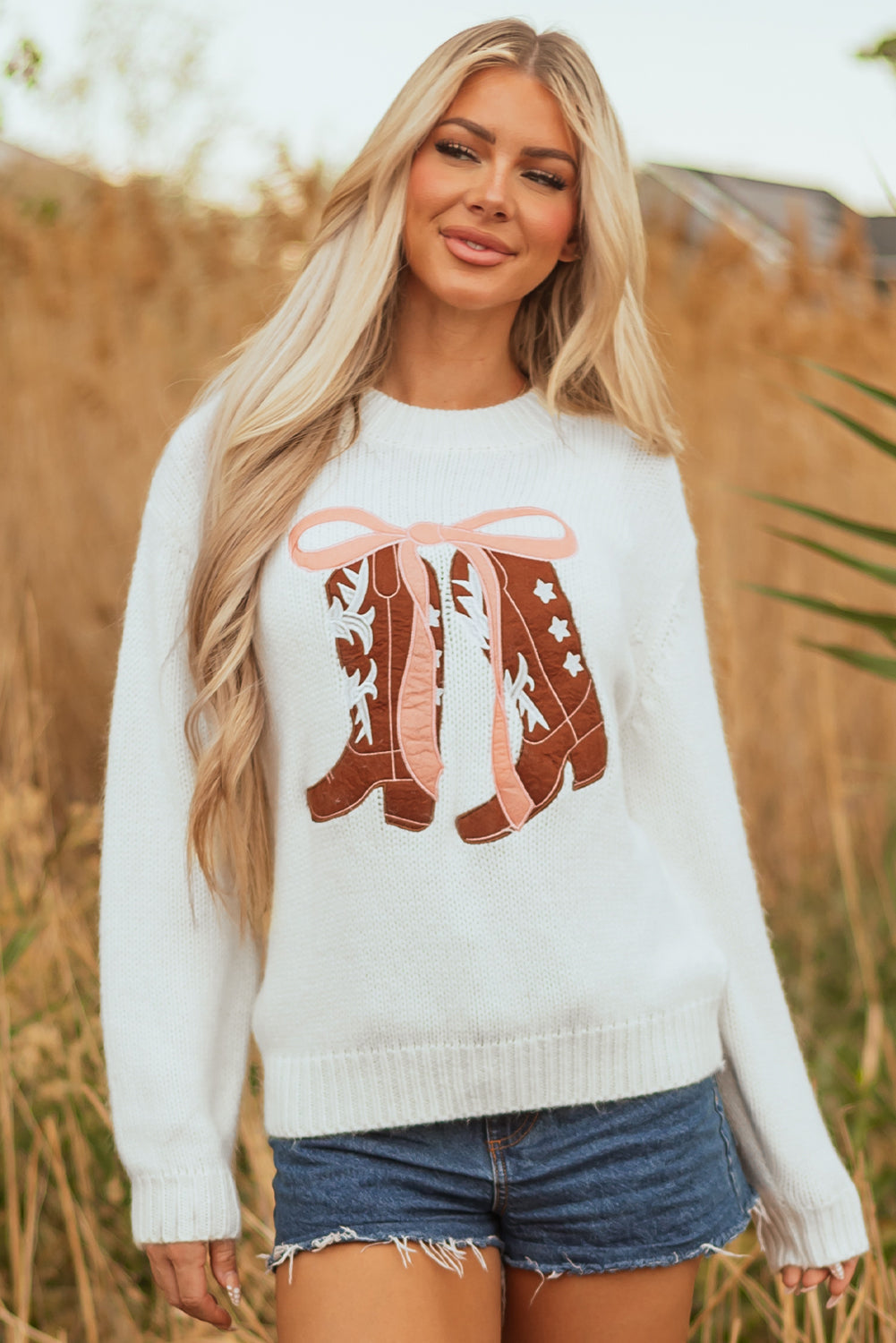 Western Bow Tie Boots Embroidered Drop Shoulder Sweater