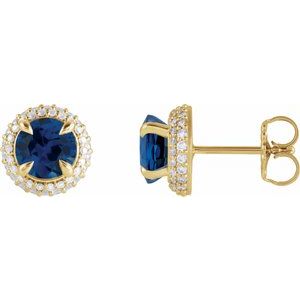14K Yellow Gold Natural Blue Sapphire & 1/2 CTW Lab-Grown Diamond Halo-Style Earrings
