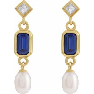 14K Yellow Gold Lab-Grown Blue Sapphire, Cultured White Akoya Pearl & .05 CTW Natural Diamond Earrings – image 2