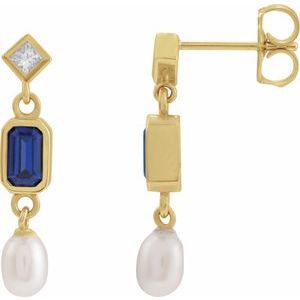 14K Yellow Gold Lab-Grown Blue Sapphire, Cultured White Akoya Pearl & .05 CTW Natural Diamond Earrings