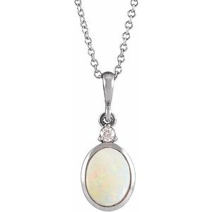 Sterling Silver 12x10 mm Natural White Opal & .03 CT Natural Diamond 16-18" Necklace