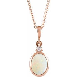 14K Rose 9x7 mm Natural White Opal & .03 CT Natural Diamond 16-18" Necklace