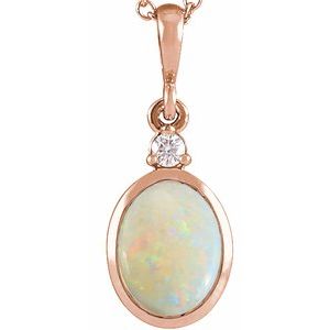 14K Rose Gold 12x10 mm Natural White Opal & .03 CT Natural Diamond Cabochon Pendant