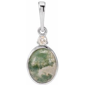 14K White Gold 8x6 mm Natural Moss Agate & .03 CTW Natural Diamond Pendant