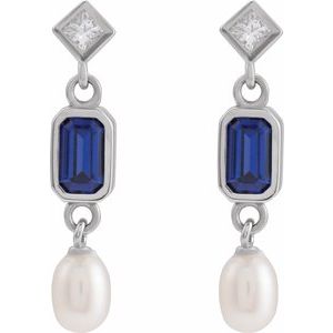 Sterling Silver Lab-Grown Blue Sapphire, Cultured White Akoya Pearl & .05 CTW Natural Diamond Earrings