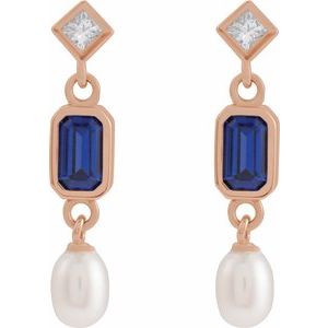 14K Rose Gold Lab-Grown Blue Sapphire, Cultured White Akoya Pearl & .05 CTW Natural Diamond Earrings