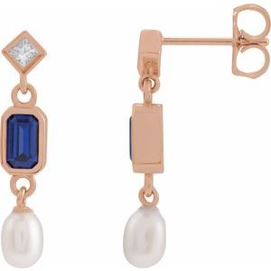 14K Rose Gold Lab-Grown Blue Sapphire, Cultured White Akoya Pearl & .05 CTW Natural Diamond Earrings