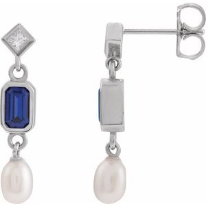 Sterling Silver Lab-Grown Blue Sapphire, Cultured White Akoya Pearl & .05 CTW Natural Diamond Earrings