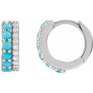 Platinum Natural Turquoise & 1/8 CTW Natural Diamond Huggie Hoop Earrings – image 2