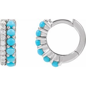 14K White Gold Natural Turquoise & 1/8 CTW Natural Diamond Huggie Hoop Earrings
