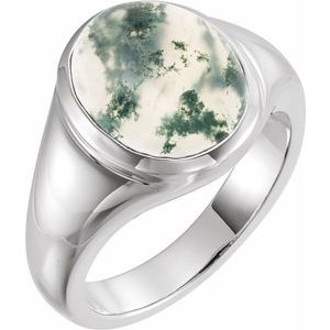 14K White Gold 10x8 mm Natural Moss Agate Ring