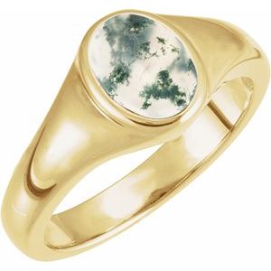 14K Yellow Gold 8x6 mm Natural Moss Agate Ring