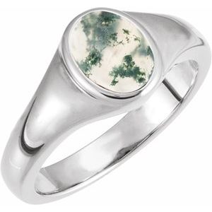 Sterling Silver 8x6 mm Natural Moss Agate Ring
