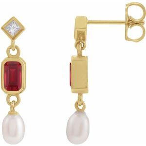 14K Yellow Gold Lab-Grown Ruby, Cultured White Akoya Pearl & .05 CTW Natural Diamond Earrings