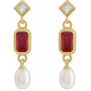 14K Yellow Gold Lab-Grown Ruby, Cultured White Akoya Pearl & .05 CTW Natural Diamond Earrings – image 2