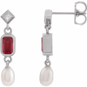 Sterling Silver Lab-Grown Ruby, Cultured White Akoya Pearl & .05 CTW Natural Diamond Earrings