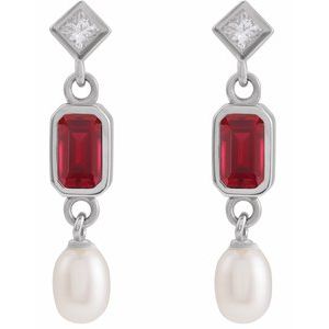 Sterling Silver Lab-Grown Ruby, Cultured White Akoya Pearl & .05 CTW Natural Diamond Earrings – image 2