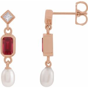14K Rose Gold Lab-Grown Ruby, Cultured White Akoya Pearl & .05 CTW Natural Diamond Earrings