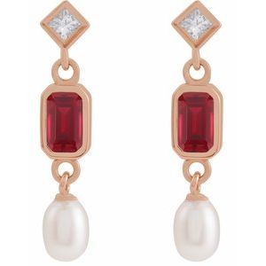 14K Rose Gold Lab-Grown Ruby, Cultured White Akoya Pearl & .05 CTW Natural Diamond Earrings