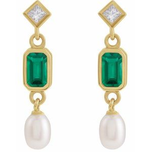 14K Yellow Gold Lab-Grown Emerald, Cultured White Akoya Pearl & .05 CTW Natural Diamond Earrings – image 2