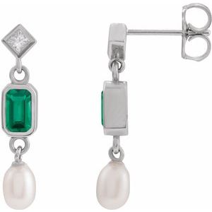 Sterling Silver Lab-Grown Emerald, Cultured White Akoya Pearl & .05 CTW Natural Diamond Earrings